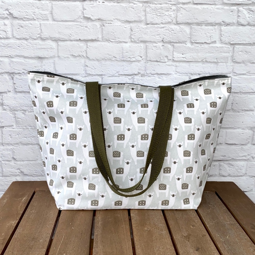 Handmade Foldable Travel/Market Tote - Mint Llama Alpaca